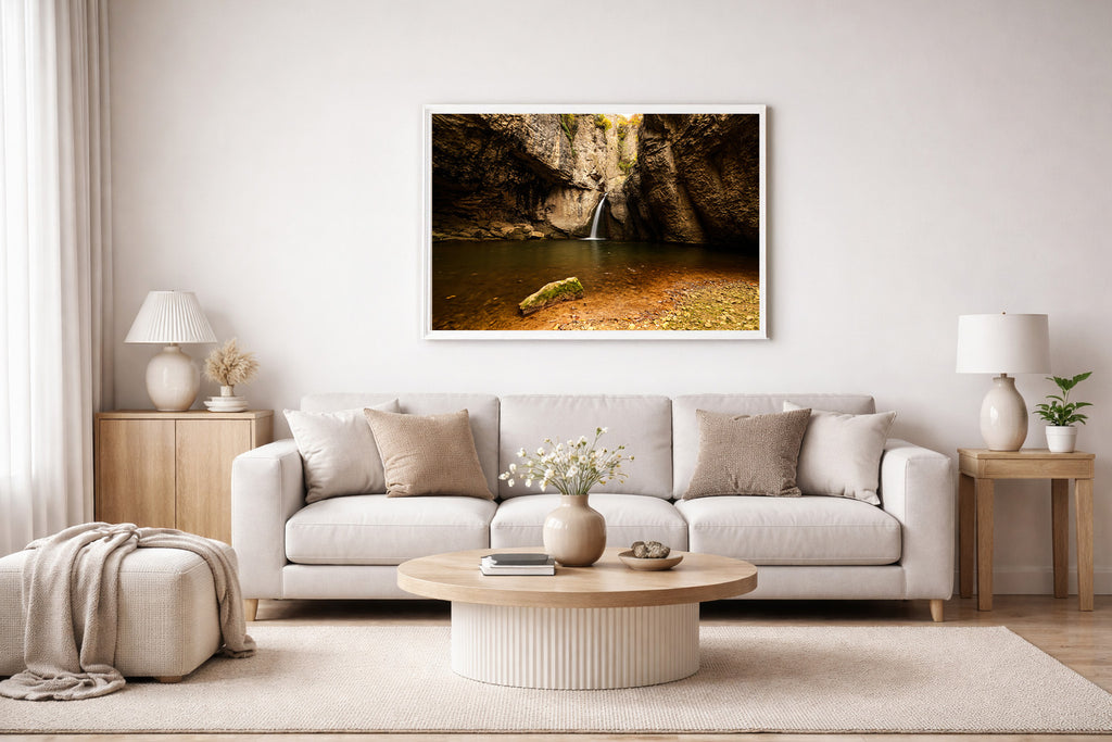 Emen Waterfall landscape photograph displayed on an interior wall